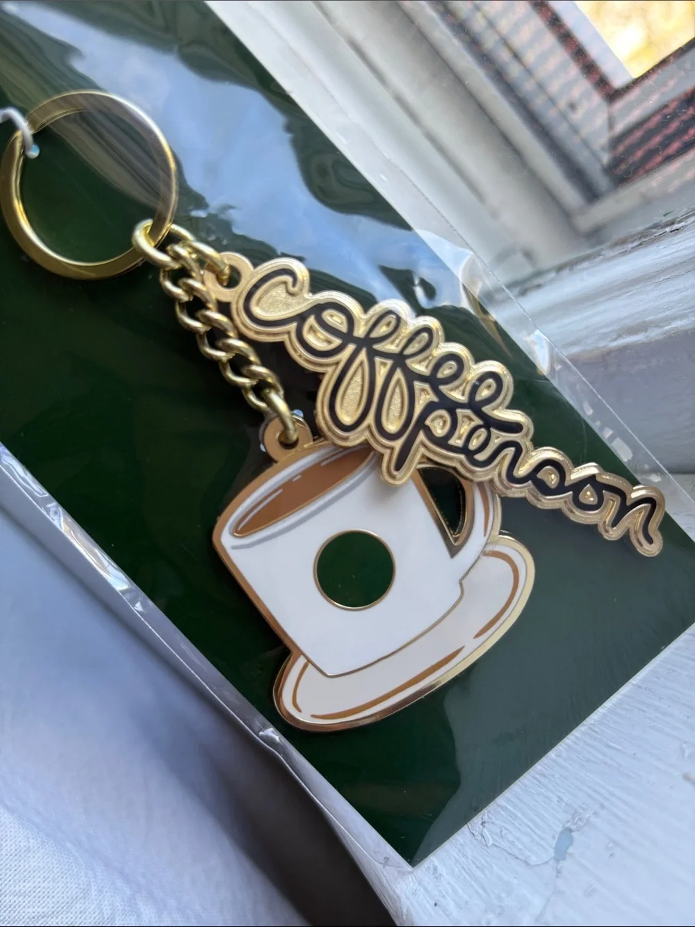 Starbucks NWT Enamel Keychain coffee cup coffee person in script sealed